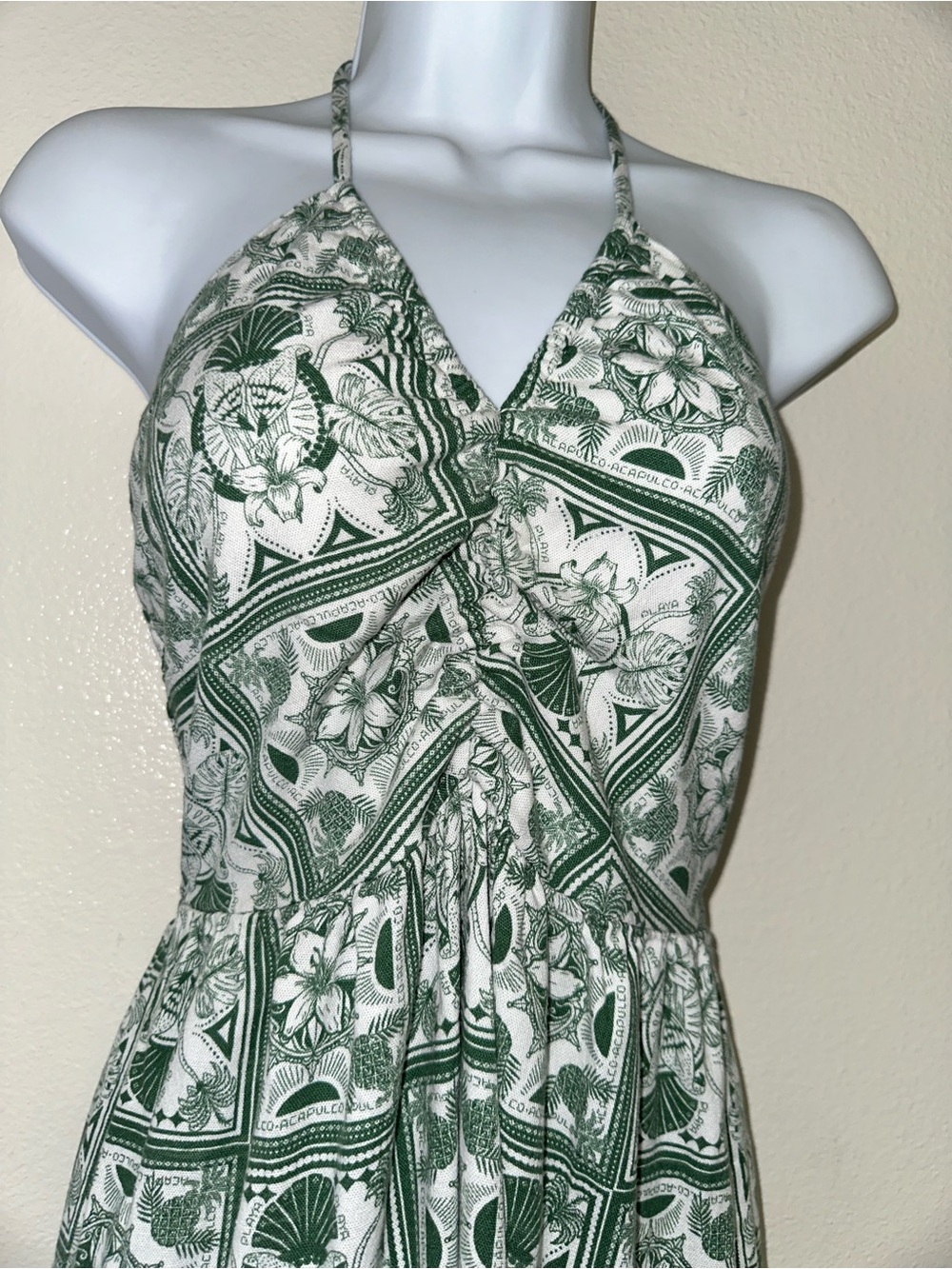 Monteau Los Angeles Green White Halter Maxi Dress Medium - Picture 3 of 4